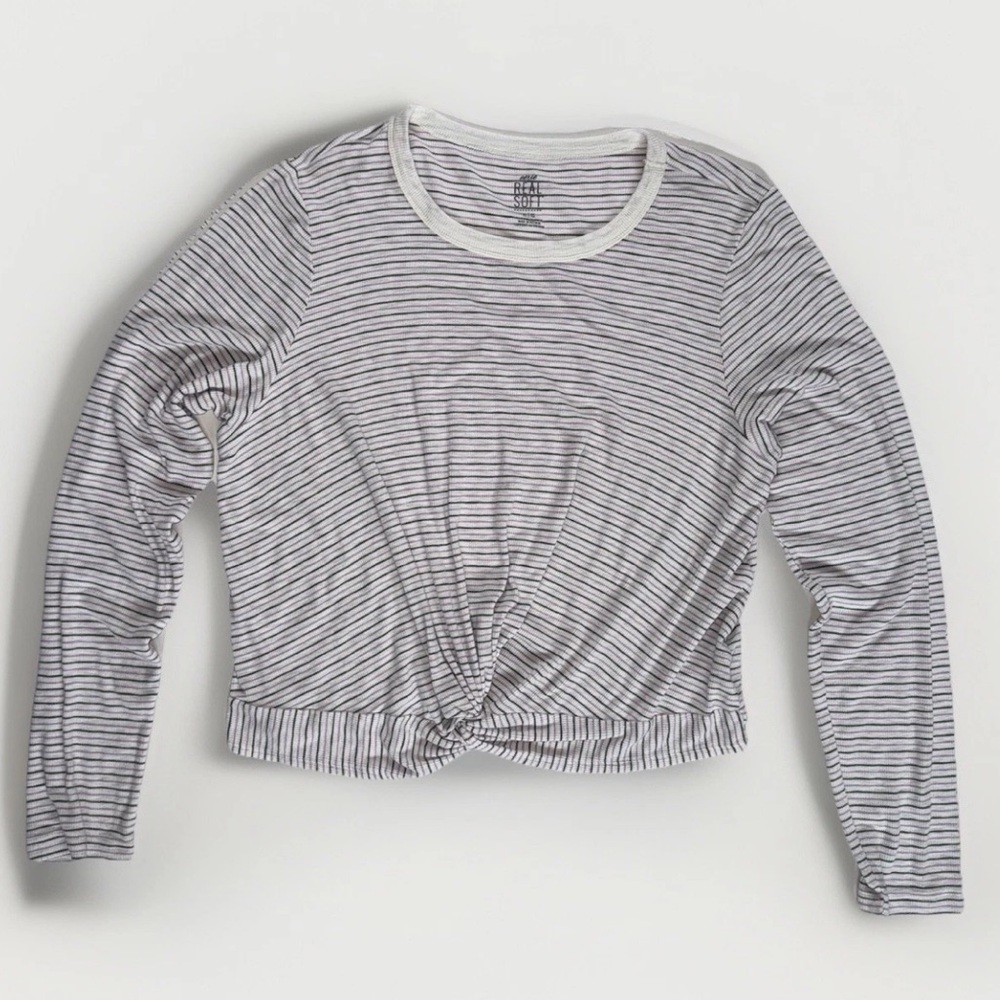 Aerie Real Soft Long Sleeve Shirt Twist Front Size‎ Large White Striped Cozy